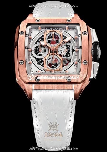 Cvstos Evosquare Watch Evosquare 50 Chrono RG White Croco Pink gold Titanium Case Silver Golden Dial