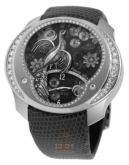 Franc Vila Regards to Ladies Watch ENGRAVINGPEACOCK-V01 45 mm Stainless steel Case Black Silver Painted Dial