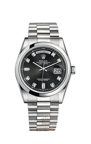 Rolex Day-Date Watch 118206-0044 36 mm Platinum Case Black Dial