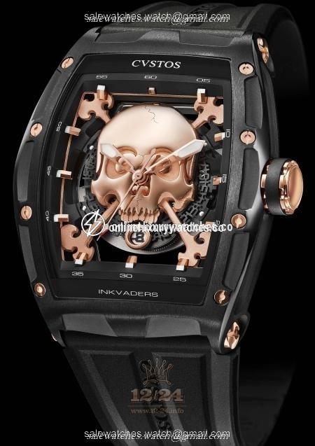 Cvstos Challenge Watch Inkvaders Skull Black Steel Red Gold 5N 41 mm Stainless steel Pink gold PVD coating Case Golden Dial