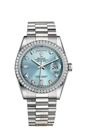 Rolex Day-Date Watch 118346-0028 36 mm Platinum Case Silver Blue Dial