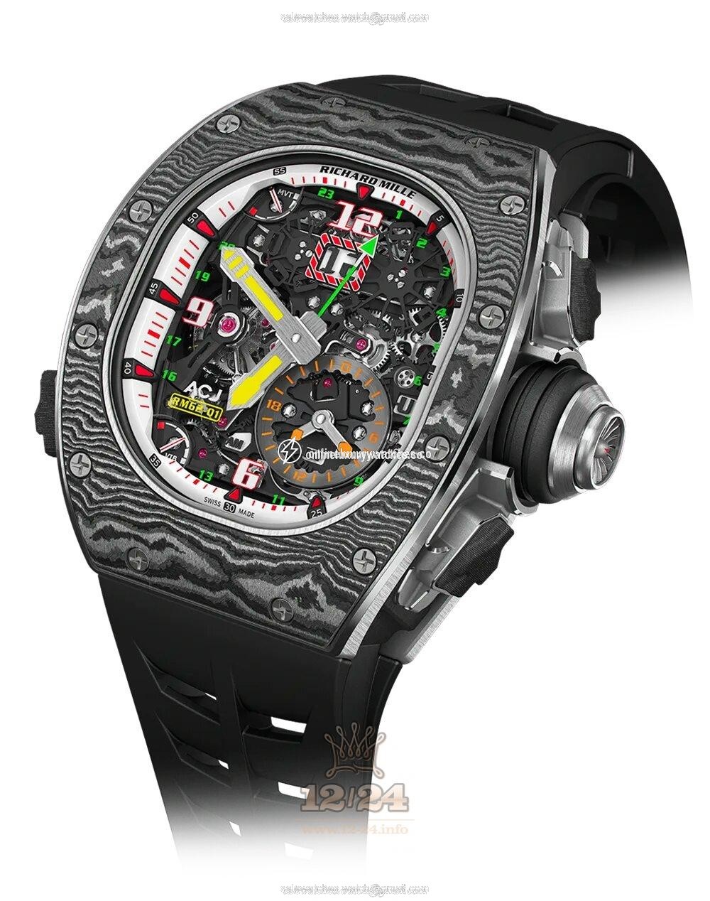 Richard Mille Men's Collection Watch RM 62-01 Tourbillon Vibrating Alarm ACJ Carbon Case