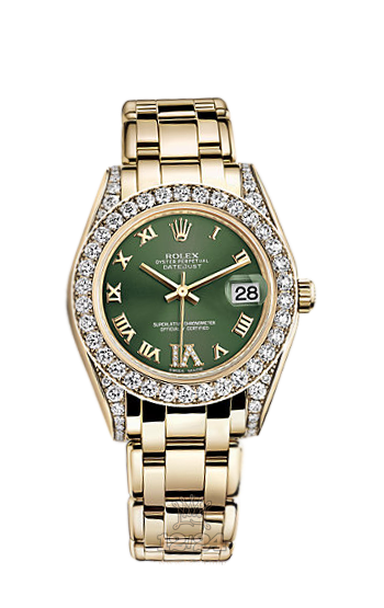 Rolex Pearlmaster Watch 81158-0092 34 mm Yellow gold Case Green Dial