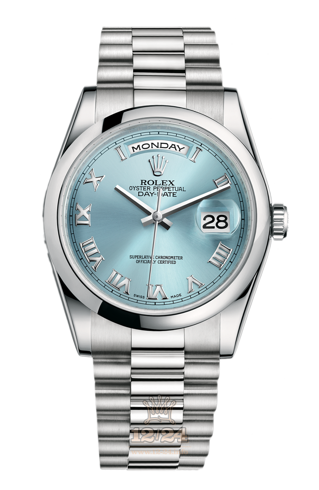 Rolex Day-Date Watch 118206-0035 36 mm Platinum Case Silver Blue Dial