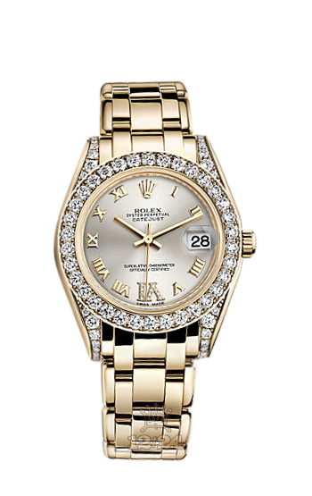 Rolex Pearlmaster Watch 81158-0090 34 mm Yellow gold Case Silver Dial