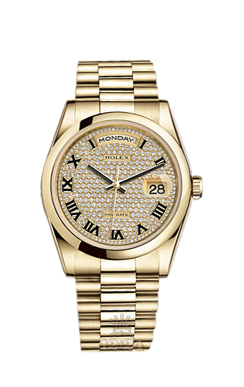 Rolex Day-Date Watch 118208-0214 36 mm Yellow gold Case Silver Golden Dial