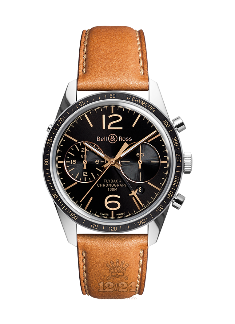 Bell & Ross Vintage Watch BRV126-FLY-GMT/SCA 43 mm Stainless steel Case Black Dial