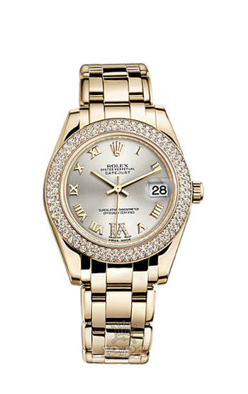 Rolex Pearlmaster Watch 81338-0122 34 mm Yellow gold Case Silver Dial