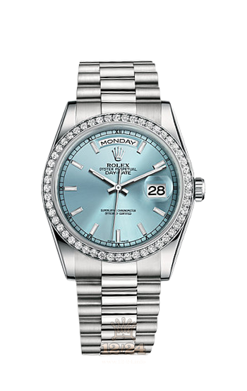 Rolex Day-Date Watch 118346-0047 36 mm Platinum Case Silver Blue Dial
