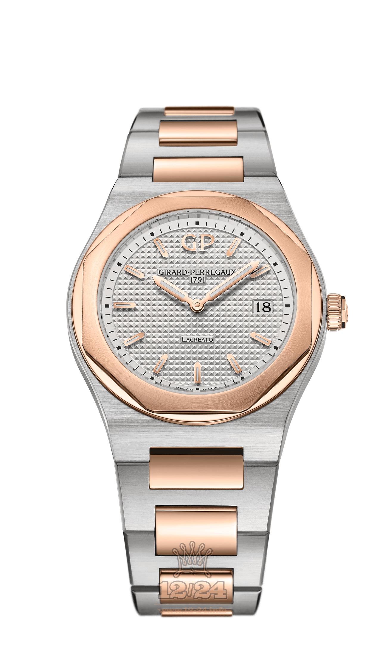 Girard Perregaux Laureato Watch 80189-56-132-56A Steel / Pink gold Case Silver Dial