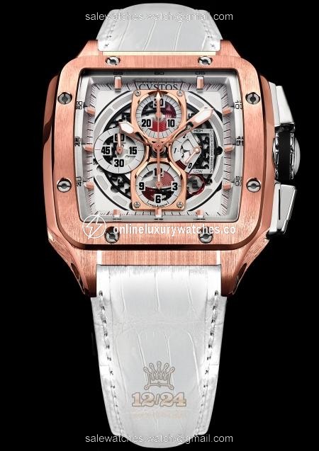 Cvstos Evosquare Watch Evosquare 45 Chrono RG White Croco Pink gold Titanium Case Silver Golden Dial